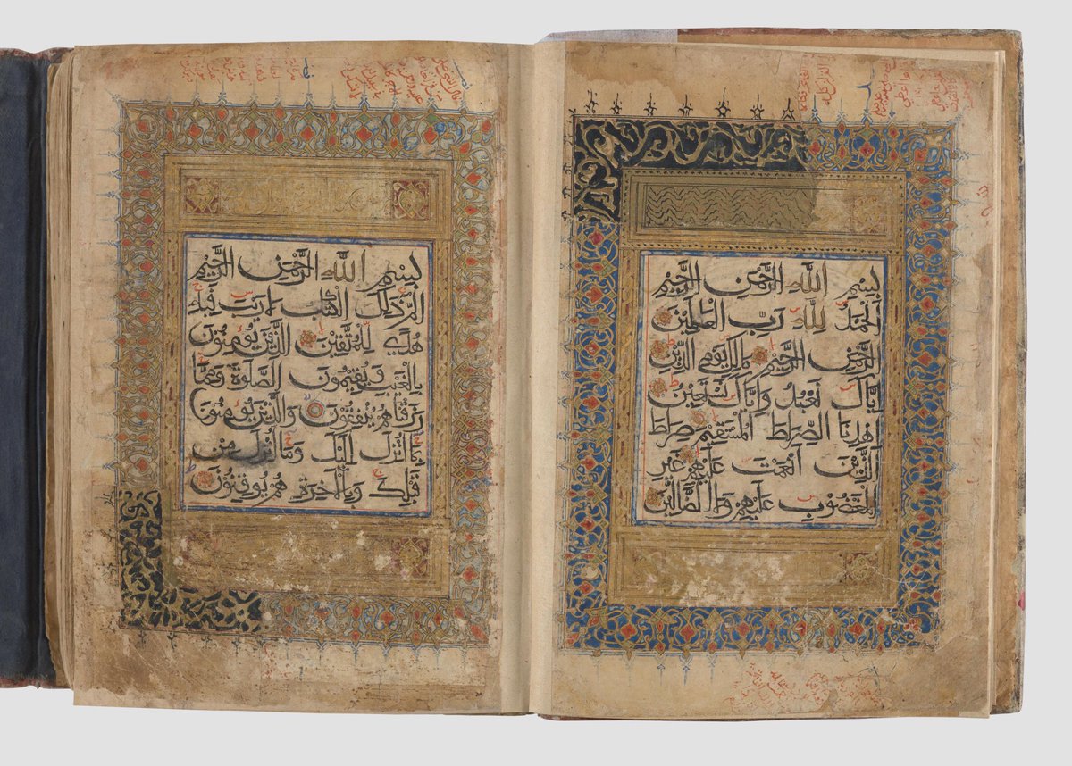 5/ Qur'an, 15th century, India　Made for a Muslim ruler in or near Delhi, this copy is one of the oldest surviving Qur’ans from India. The scribe used a distinctive script called Bihari with letters ending in long, swooping lines @philamuseum  #Ramadan  