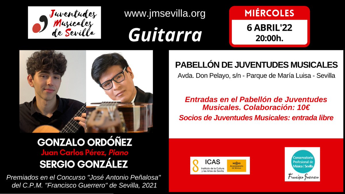 jumusevilla's tweet photo. En el ciclo #NovelesEnConcierto de @jumusevilla y en colaboración con @miconservatorio, recibimos a los premiados del Concurso "José Antonio Peñalosa" 2021.
📢Alumnos, profesores, aficionados y amantes de la #guitarraclásica, os esperamos!
Toda la info en https://t.co/uEZ06MSUg7 https://t.co/BatKmhaB8p