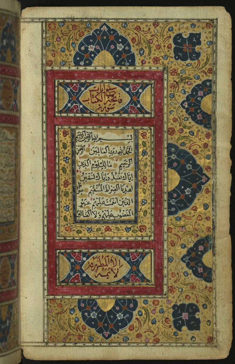 12/ Leaf from Qur'an, IranianVerses of chapter 1 (Surat al-fatihah) written in Naskh script in black ink with reading marks in red & interlinear gold decoration. Chapter headings & verses are written in Riqa" script in red ink  @walters_museum  #Ramadan  
