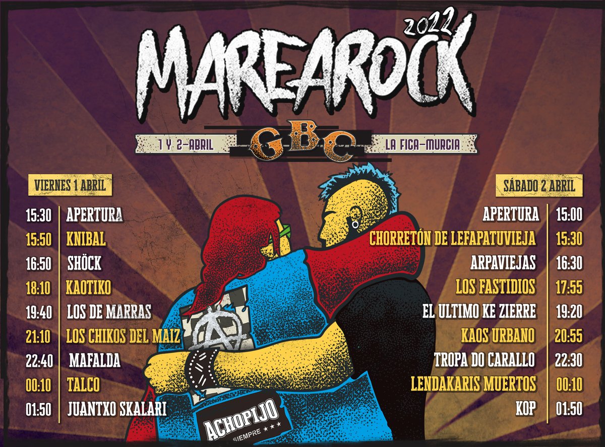 MTebarA's tweet photo. ⌚️ Today 15:00 h!
☑️ 2ª del II #MareaRock #GBC con: #ChorretónDelefapatuvieja + #Arpaviejas + #LosFastidios + #ElUltimoKeZierre + #KaosUrbano + #TropaDoCarallo + #LendakarisMuertos + #Kop
📍#LaFica, #Murcia
🎫 25 €
💬 2ª de #LaDicotomía
🎧 el pódcast🖕 https://t.co/sltJwCnQKc https://t.co/fElobtU6Hd