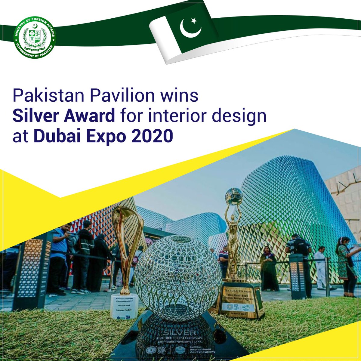 PakinMaldives's tweet photo. Congratulation🇵🇰!
🔔: Pakistan Pavilion @Expo2020Pak wins the Silver Award for Interior Design at @expo2020dubai. https://t.co/V3f4etjTfk