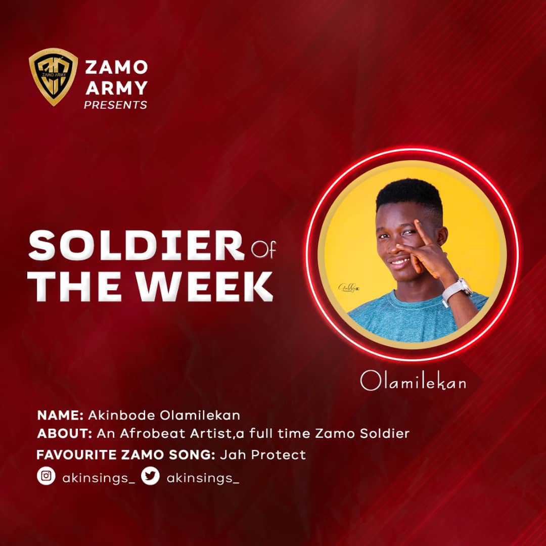 Zamoarmy's tweet photo. Glad to let y'all know our Soldier of the week ❤️
.@Akinsings_ it is !! 🤩🔥
Thanks for supporting ZAMORRA every damn time 👊🏽🤎...
Top MEMBER 👑
#ZamoArmy
#SOLDIEROFTHEWEEK 🪖 https://t.co/Zgmd7seXHe