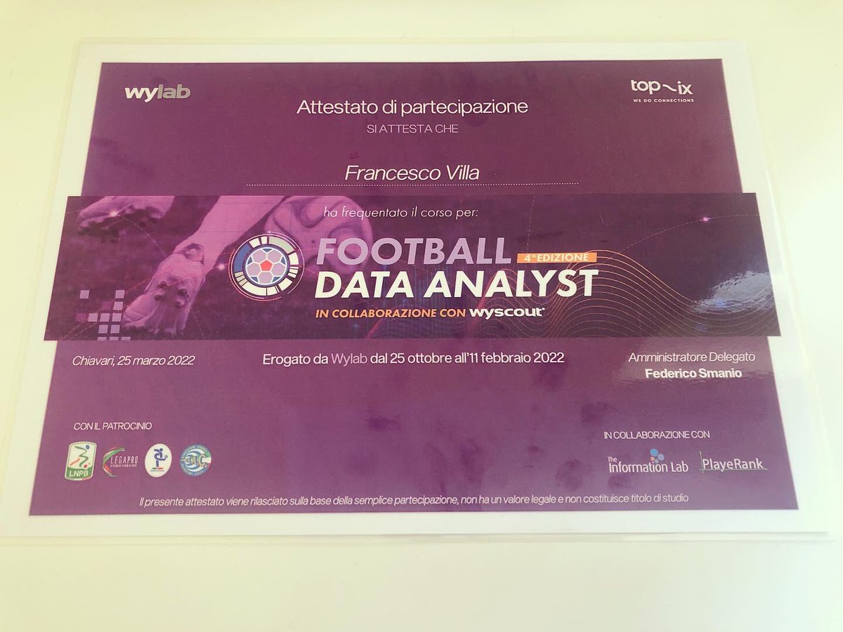 VillaFrancesco4's tweet photo. Another important step forward in my professional education:
Football Data Analyst!
⚽️👨🏻💻
Special thanks to @wylabincubator
#agentslife #education #football #footballdata #dataanalyst #score_ #neverstoplearning #footballscouting #footballdataanalyst https://t.co/nceTglquGb