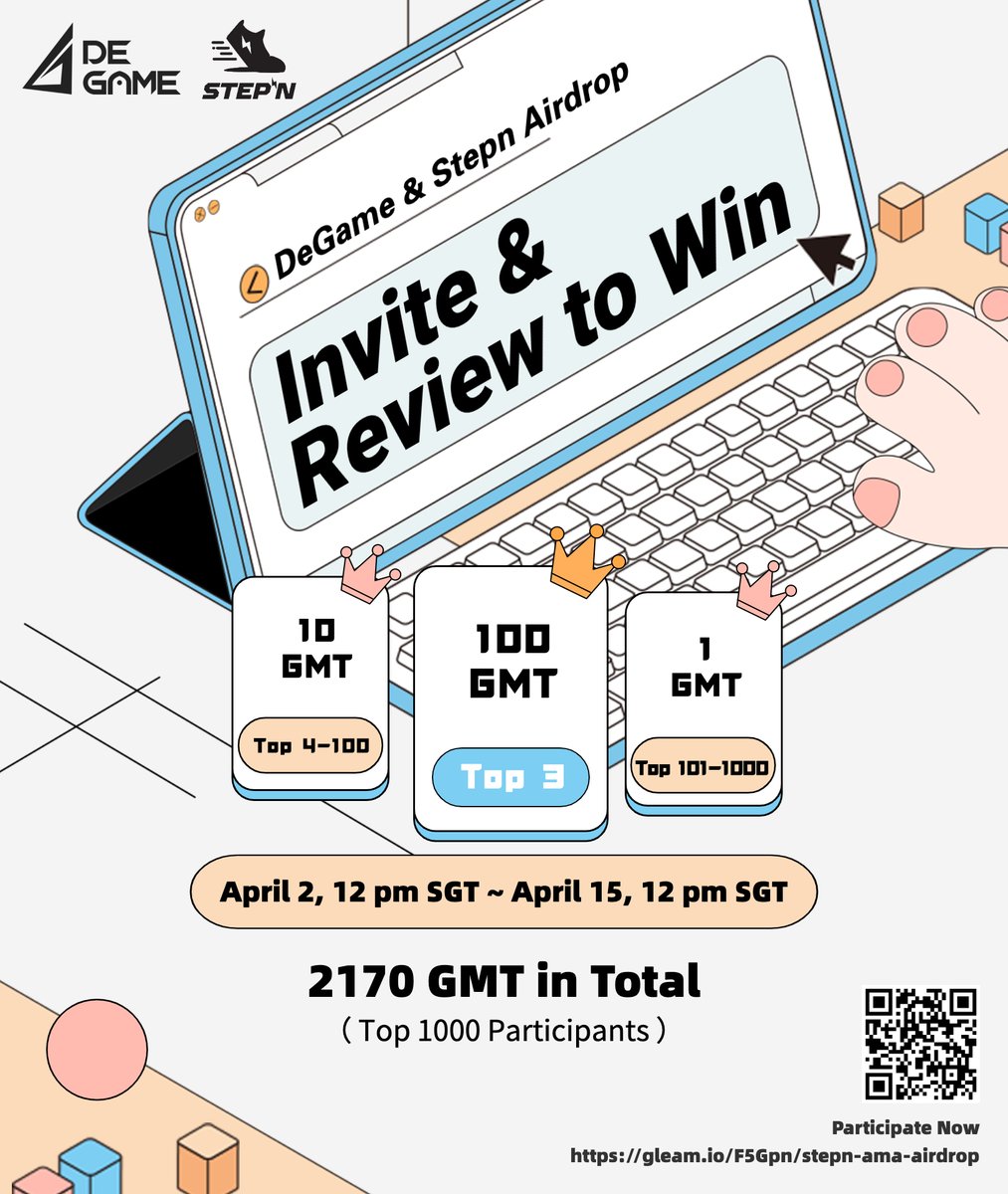 Massive $GMT Airdrop🪂

Rules📃
1⃣Register on degame.com
2⃣Write review on #STEPN
3⃣Invite to like your review
4⃣Finish remaining #Gleam tasks

Prizes (rank by likes of review)💰
🥇Top 3: 100 $GMT
🏅Top 100: 10 $GMT
🎖️Top 1000: 1 $GMT

Join👇
gleam.io/F5Gpn/stepn-gm…