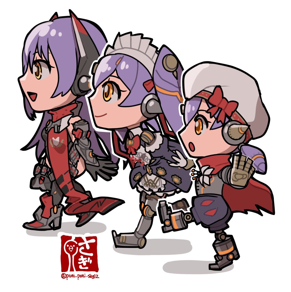 multiple girls maid headdress android purple hair chibi twintails robot joints  illustration images