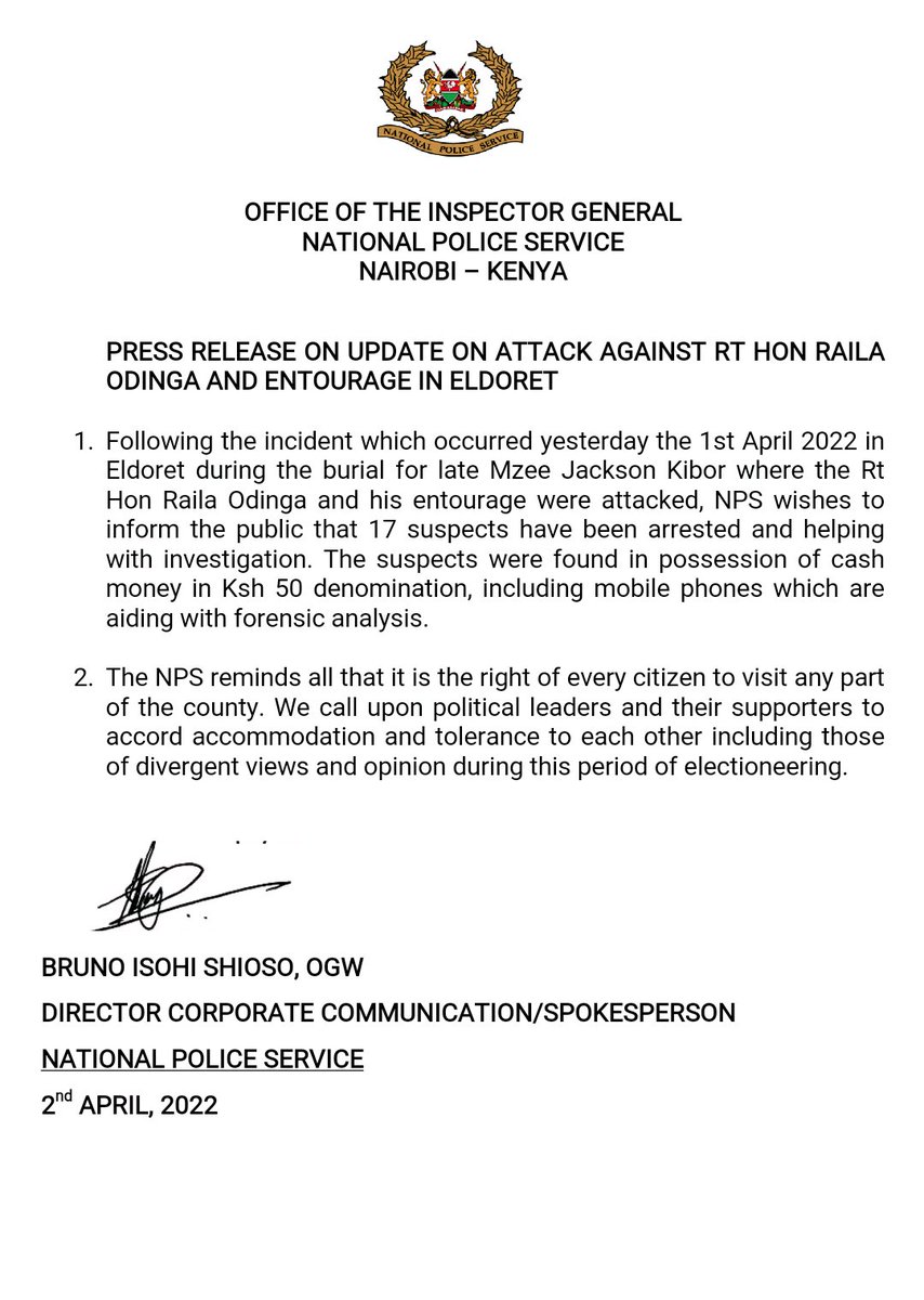 NPSOfficial_KE's tweet photo. Press release on update on attack against RT Hon Raila Odinga and entourage in Eldoret https://t.co/41p1Ekrwm5