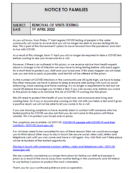 *VISITS update*
As you will know, COVID testing of people in the wider community has now come to an end.
Therefore, from today you will no longer be required to take a COVID test before coming to see your loved one for a visit.