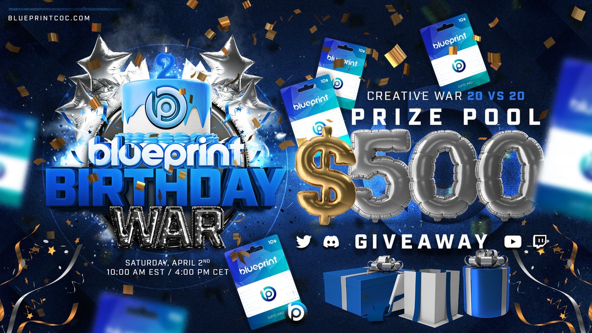 BlueprintCoC's tweet image. The teams are set; everything is ready to roll!
Birthday War🎂10am EST 4pm CET   

Our biggest Prize ever!🤑500 USD 

Ten 10$ Gift Card Giveaway! To Participate
☑️Follow our Twitch channel 
☑️Like and RT this post

 20 more Gift Cards are coming live!
📺 twitch.tv/blueprintcoc