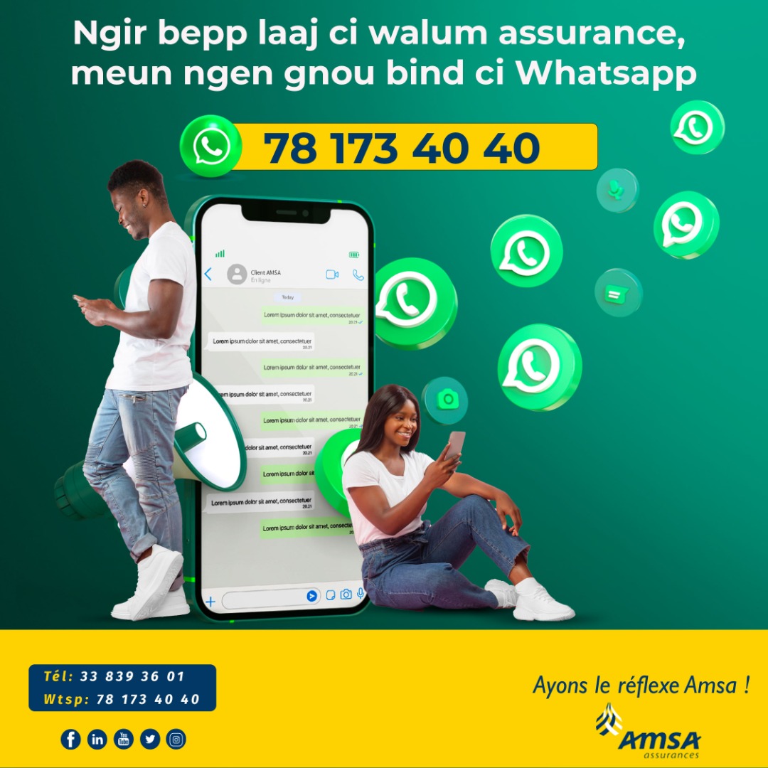 AmsaAssurances's tweet photo. Ngir bepp laaj ci walum assurance, meun ngen gnou bind ci whatsapp.
78 173 40 40.
Ayons le réflexe Amsa !
#Amsa #AmsaAssurances #ReflexeAmsa #Senegal https://t.co/qzCL65OgDW