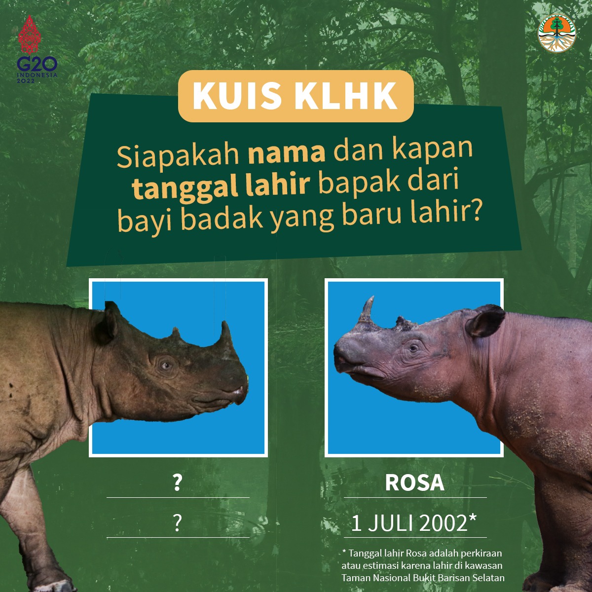 kemenhut_ri's tweet photo. Waktunya kuis #SobatHijau!

Jawab dengan tepat pertanyaannya ya. Dan jangan lupa mention 3 teman kamu. Kuis ini ditutup besok hari Minggu pukul 20.00 WIB.

#KLHK #konservasi #satwakita #badak #badaksumatera #tamannasional #TNWK #YayasanBadakIndonesia #saverhino #teamrhino https://t.co/Jb14AQuL0e