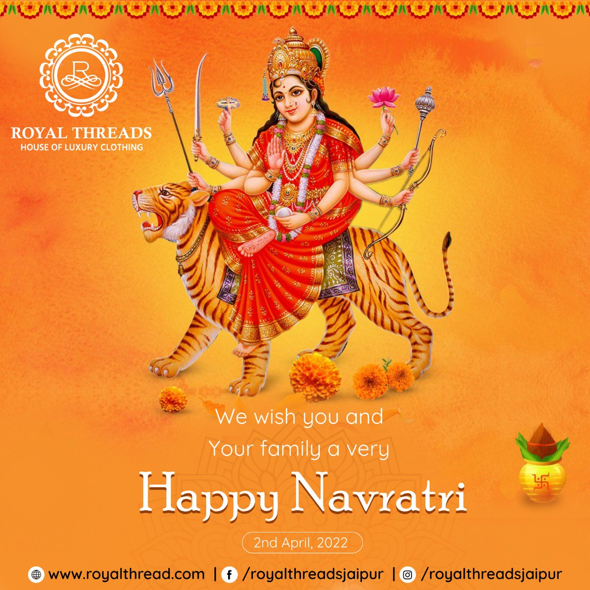 RoyalThreadsjpr's tweet photo. We wish you and your family a very Happy Navratri
.
.
#royalthreads #happynavratri #navratri #maadurga #happiness #durgamaa #durga #maa #navratrispecial #india #durgapuja #festival #jaimatadi #devi #dandiya #navratricollection #indianfestival #indian #navratrifestival https://t.co/kLJ1Khp9ox