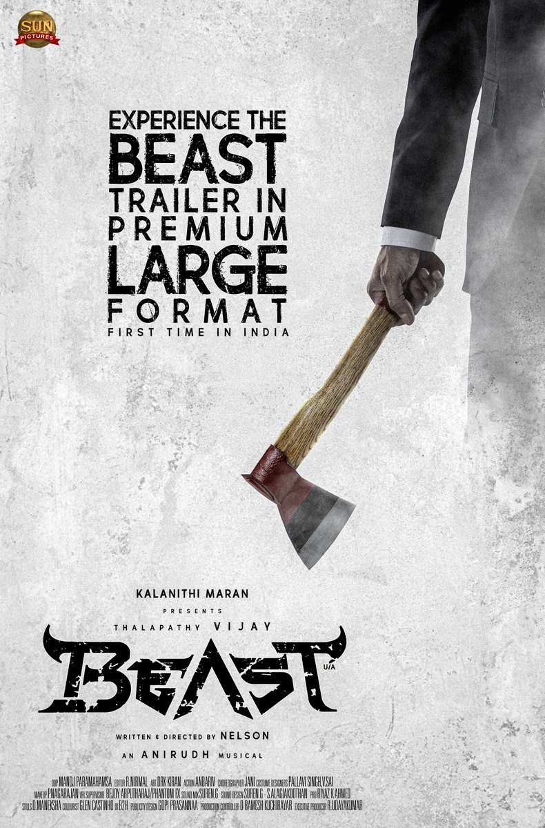Ragunanthen1992's tweet photo. Experience the BEAST Trailer in Premium Large Format 😎 First time in India 🔥
#BeastTrailer will premiere in #PLF #PremiumLargeFormat ✨

#ManojParamahamsa @manojdft 🎥

@actorvijay #Thalapathy #Vijay 
#BeastModeON #Beast #BeastTrailerDay https://t.co/fIwulLeYAx