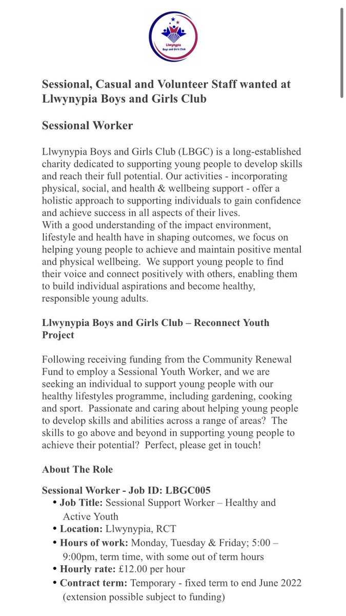 llwynypiaBGC's tweet photo. JOB OPPORTUNITY: Youth Worker

Check out this great opportunity to work with us as we support young people in our local community. 

To apply, send your CV and covering letter to llwynypiacdc@gmail.com

@BGCWales @CWVYS @InterlinkRCT @RCTCouncil https://t.co/OLaNVusTD8