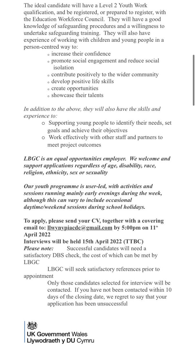llwynypiaBGC's tweet photo. JOB OPPORTUNITY: Youth Worker

Check out this great opportunity to work with us as we support young people in our local community. 

To apply, send your CV and covering letter to llwynypiacdc@gmail.com

@BGCWales @CWVYS @InterlinkRCT @RCTCouncil https://t.co/OLaNVusTD8
