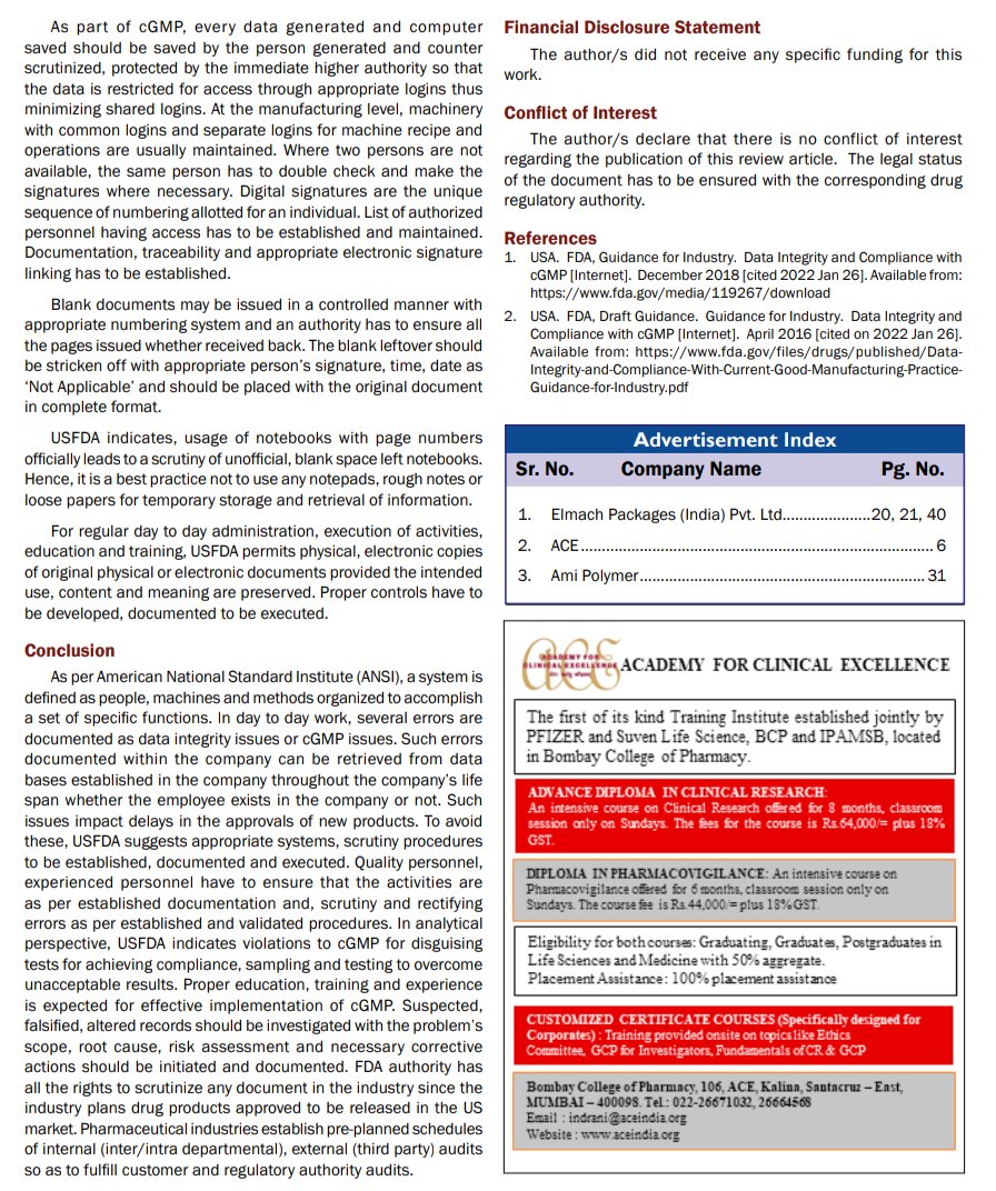 Pharma Times - IPA (@pharmatimes_ipa) on Twitter photo Interesting review article by Dr. B. S. Rao and B. S. Reddy enlightens about USFDA guidance on integrity of data collected and documentation.
#USFDA #dataintegrity #documentation #PharmaTimes
<a href="/AlkaMukne/">Alka Mukne</a> <a href="/raovadlamudi/">Rao Vadlamudi</a> <a href="/narendramodi/">Narendra Modi</a> <a href="/PMOIndia/">PMO India</a> <a href="/mansukhmandviya/">Dr Mansukh Mandaviya</a> <a href="/MoHFW_INDIA/">Ministry of Health</a> Interesting review article by Dr. B. S. Rao and B. S. Reddy enlightens about USFDA guidance on integrity of data collected and documentation.
#USFDA #dataintegrity #documentation #PharmaTimes
<a href="/AlkaMukne/">Alka Mukne</a> <a href="/raovadlamudi/">Rao Vadlamudi</a> <a href="/narendramodi/">Narendra Modi</a> <a href="/PMOIndia/">PMO India</a> <a href="/mansukhmandviya/">Dr Mansukh Mandaviya</a> <a href="/MoHFW_INDIA/">Ministry of Health</a>