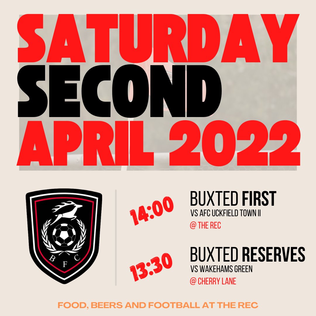 Buxted Football Club (@buxtedfc) on Twitter photo BIG day for the Stags ๐ดโซ๏ธ
The ones are at home to <a href="/AfcUckfieldTown/">๐๐๐ ๐จ๐ฐ๐ธ๐ณ๐ถ๐ฒ๐น๐ฑ ๐ง๐ผ๐๐ป</a> II and need a point to guarantee survival.
The twos are away to <a href="/FcWakehams/">Wakehams Green FC</a> in the quarter final of the Parsons Cup.
#BuxtedFC #UpTheStags BIG day for the Stags ๐ดโซ๏ธ
The ones are at home to <a href="/AfcUckfieldTown/">๐๐๐ ๐จ๐ฐ๐ธ๐ณ๐ถ๐ฒ๐น๐ฑ ๐ง๐ผ๐๐ป</a> II and need a point to guarantee survival.
The twos are away to <a href="/FcWakehams/">Wakehams Green FC</a> in the quarter final of the Parsons Cup.
#BuxtedFC #UpTheStags