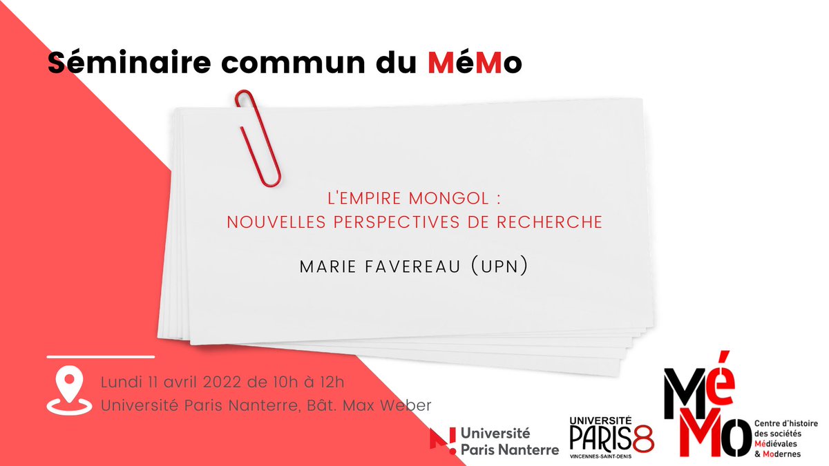 📣 Lundi 11 avril à 10h, séance du séminaire du <a href="/CentreMemo/">MéMo - Centre d'histoire des sociétés Méd et Mod</a>, Marie Favereau (UPN) « L'empire mongol : nouvelles perspectives de recherche »

Lieu : <a href="/UParisNanterre/">Université Paris Nanterre</a>, Bât. Max Weber

<a href="/d_nanterre/">Département d'histoire, Paris-Nanterre</a>
<a href="/UPN_Recherche/">Université Paris Nanterre - 𝐑𝐞𝐜𝐡𝐞𝐫𝐜𝐡𝐞</a>
<a href="/BUParis8/">BU Paris 8 - Vincennes-Saint-Denis</a>
<a href="/UnivParis8/">Université Paris 8</a>