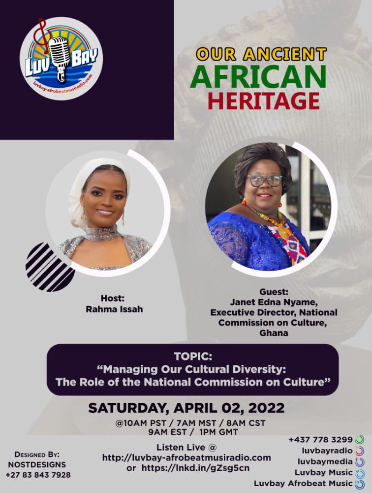 GhanaCultureHub's tweet photo. Join us Live on Facebook at 1pm today to hear Madam Janet Edna Nyame, Executive Director, National Commission on Culture, discuss “Managing our Cultural Diversity”. https://t.co/5bAxMLgcQc