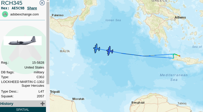 vinnieoftexas_'s tweet photo. @TheSnoopySnoop Hmm, he was in Crete and Sicily yesterday...
Now 2 C-130J Super Hercules out of Crete
#AE5C9B
#AE1BEE
RCHxxx callsigns
That AXISx callsign is interesting #AE127F https://t.co/CWG8KGnqJP