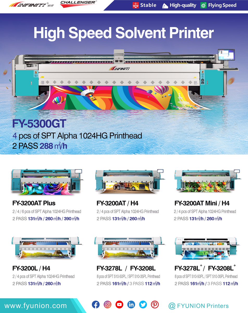 Fyunionprinters's tweet photo. Active models of large format solvent printers of FYUNION under INFINITI / CHALLENGER brand.  #infinitiprinter #challengerprinter #fyunion #uvflatbedprinter #flatbedprinters #uvrolltorollprinter #rolltorollprinter #largeformatprinter #wideformatprinter #solventprinter https://t.co/0kzP9BnCxh