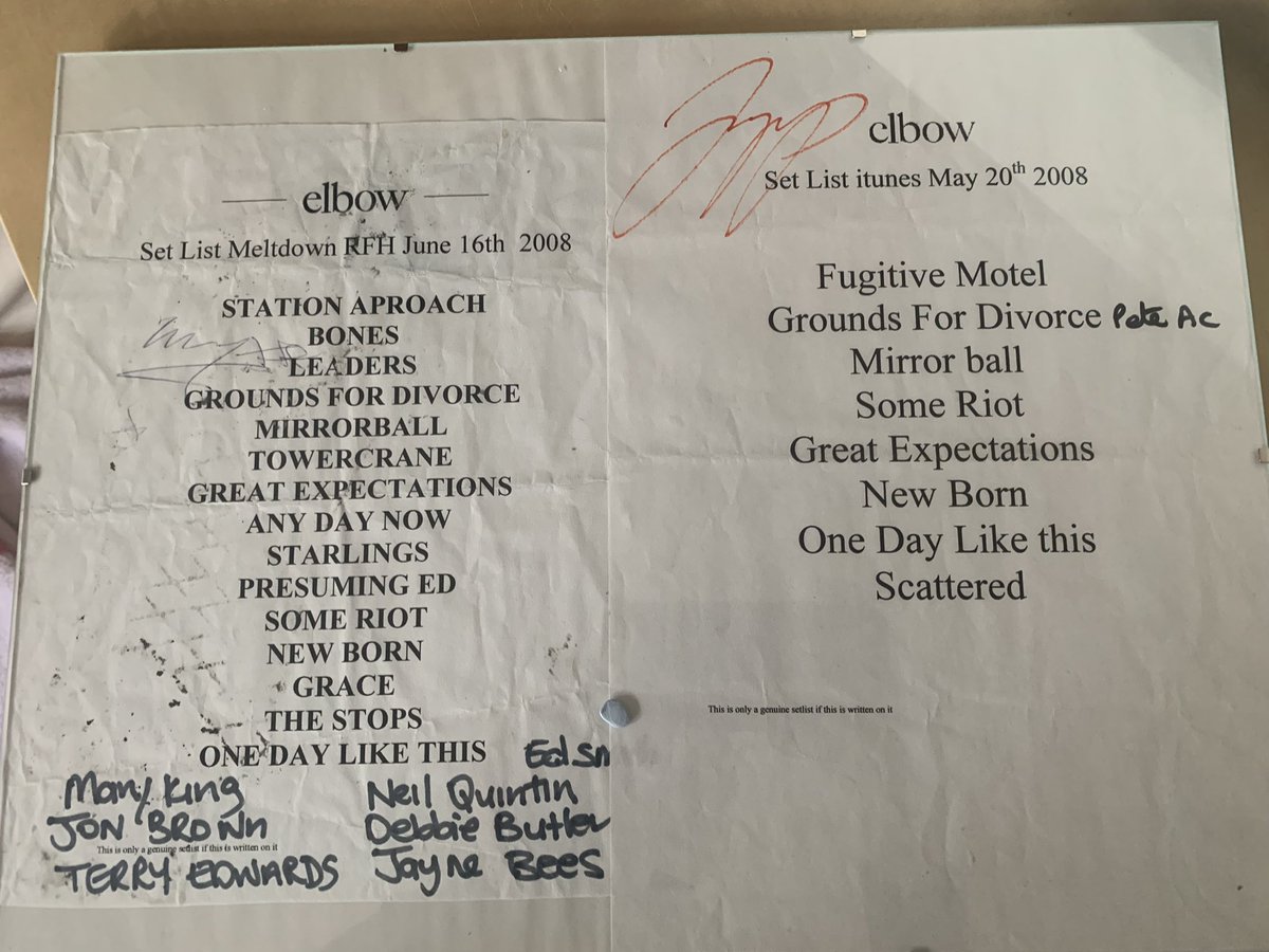 dtmolloy's tweet photo. @BBC6Music two from elbow 2008 - now framed and up on a wall. RFH list signed buy Garvey and itunes gig signed by Jupp https://t.co/OXMwCZzMvB