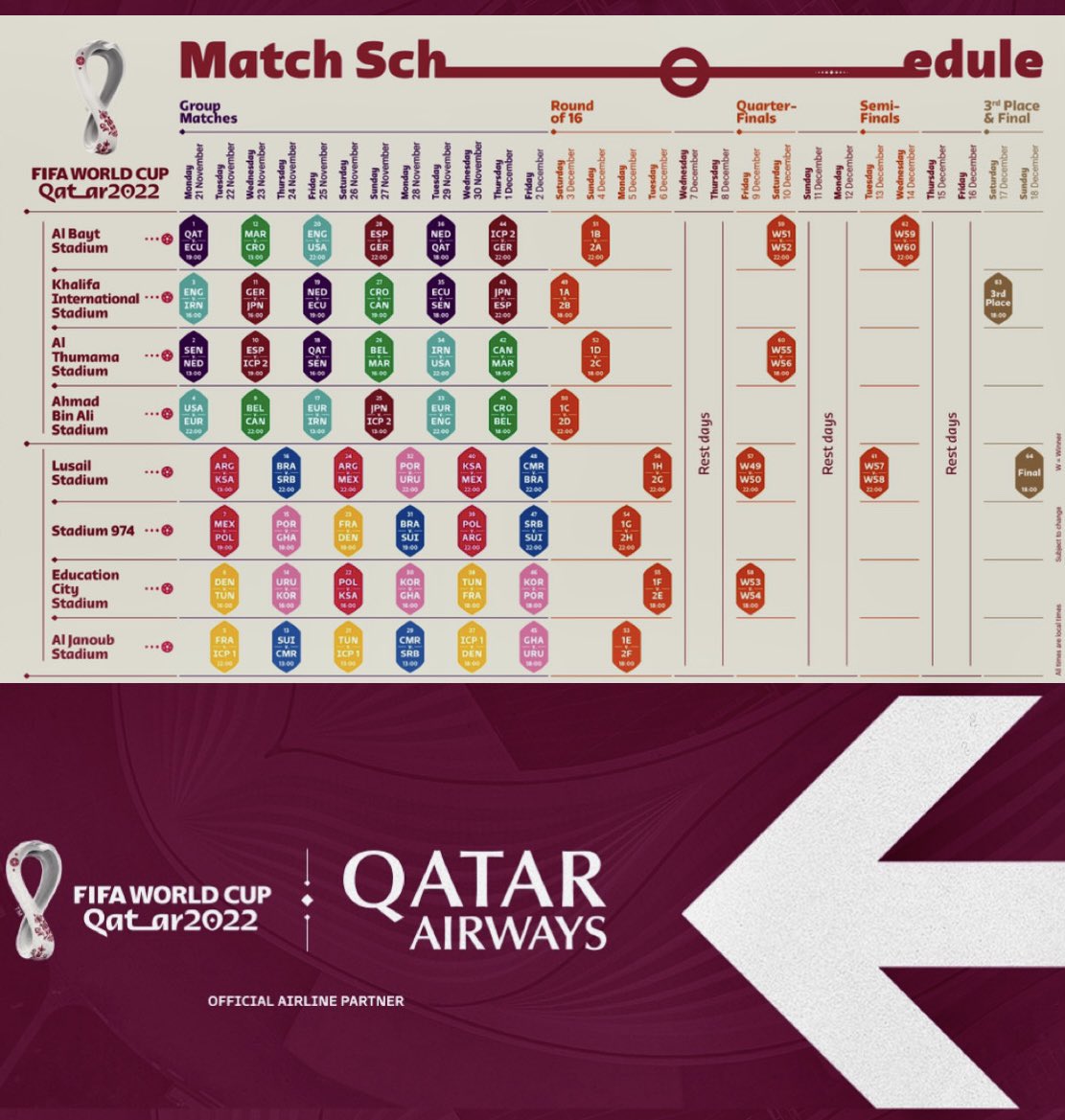 Qatar Airways on X: FIFA World Cup Qatar 2022™️ match schedule 🏆 #QatarAirways #FIFAWorldCup #Qatar2022 / X