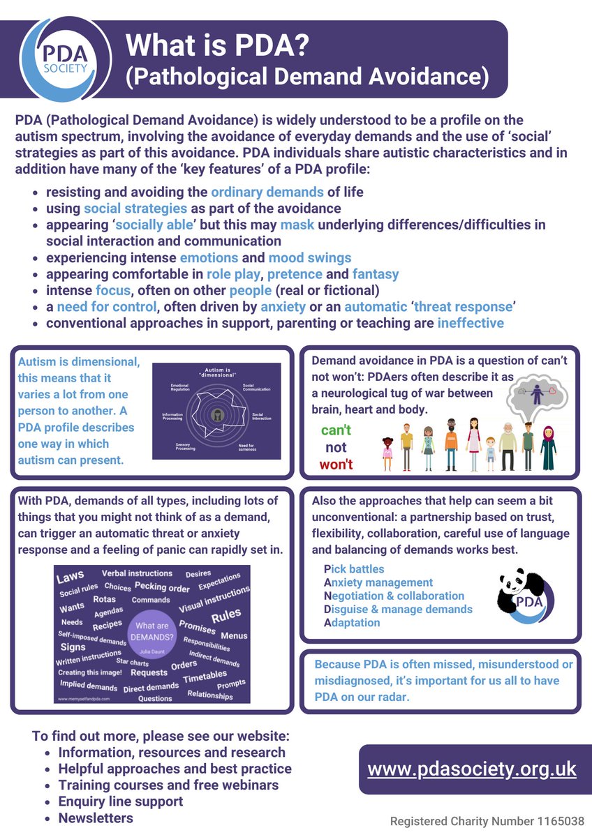 PDASociety's tweet photo. This #WorldAutismAcceptanceDay we'd like to shine more light on the #PDA profile of autism.
What is PDA (Pathological Demand Avoidance)? This info sheet contains some essential information about PDA & what helps and is free to download & share: https://t.co/mll90fmvJT
#WAAD 1/2 https://t.co/ZOeHd43wni