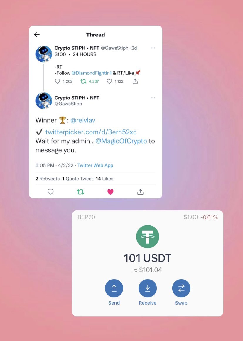 reniellax's tweet photo. 4/02/22
🧲 4th win! ✨ Received $100 #USDT Thank you so much, @GawsStiph/@MagicOfCrypto for the fast payment. Also to the sponsor, @DiamondFightin1 tysm. Happy April. God bless you guys! ✨🥂💗
#TYstiph https://t.co/dkiwMlYGXe
