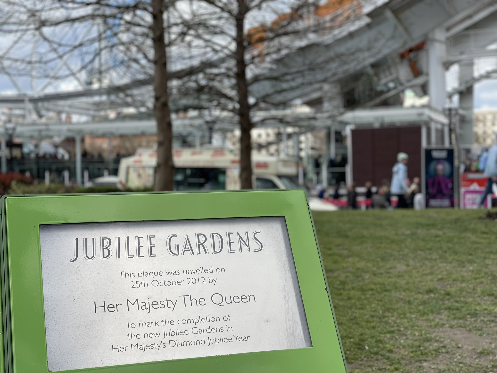 Plaque commemorating the opening by Her Majesty The Queen to mark the completion of the new Jubilee Gardens in Her Majesty's Diamond Jubilee year in 2012