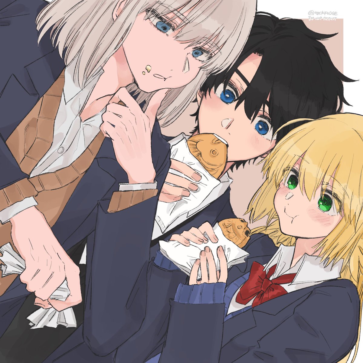 artoria caster (fate) ,artoria pendragon (fate) ,fujimaru ritsuka (male) ,oberon (fate) 1girl 2boys multiple boys taiyaki food green eyes blue eyes  illustration images