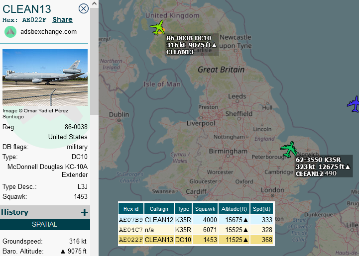 SirListenalot's tweet photo. #KC10 #AE022F as #CLEAN13 out of Prestwick looking to join #KC135's #AE04C7 as #CLEAN11, #AE07B9 as #CLEAN12 with "SJ" #F15's as #TABOR61 https://t.co/YIjiBHBpVG