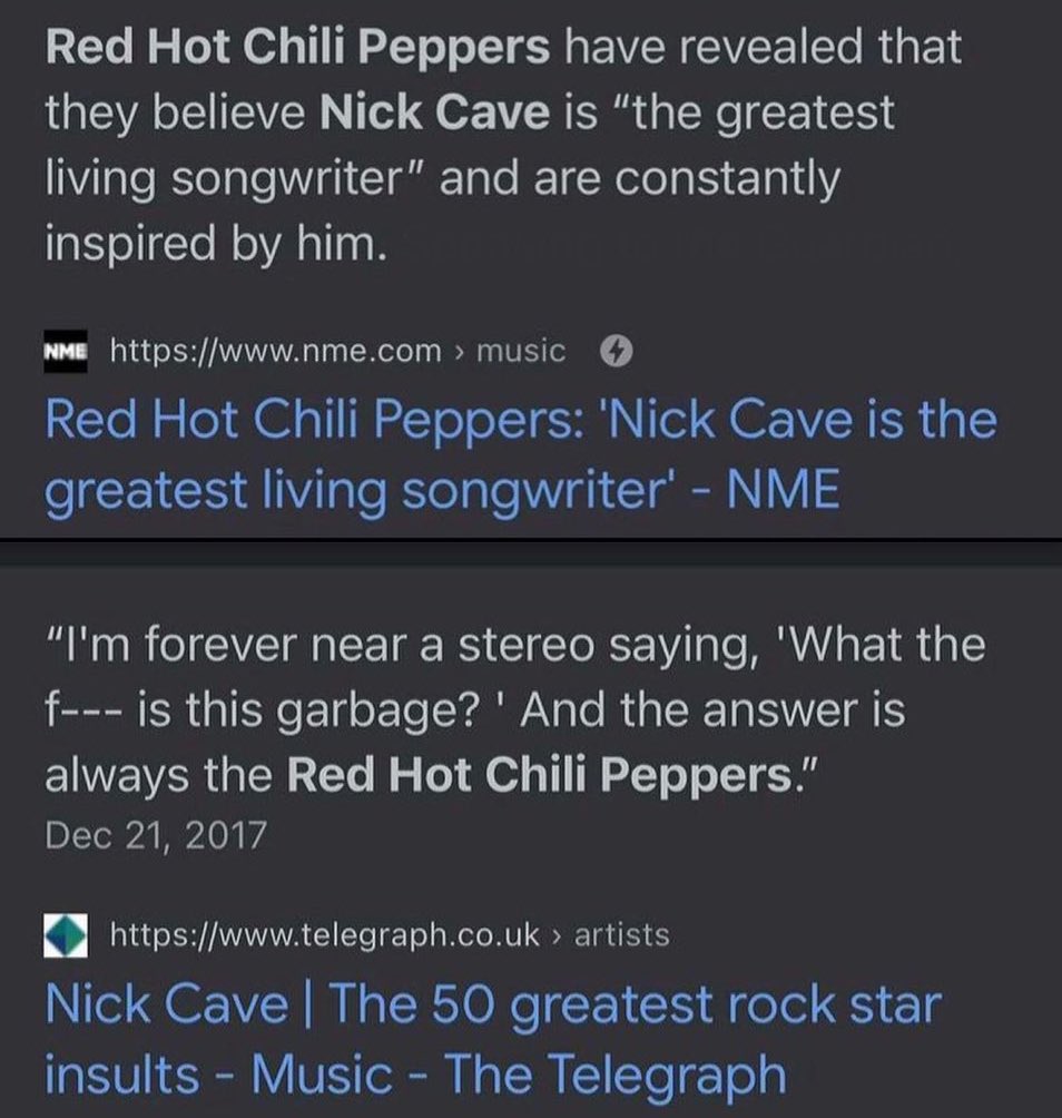 mountbellyache's tweet photo. red hot chilli peppers vs nick cave https://t.co/5tpyN04anS