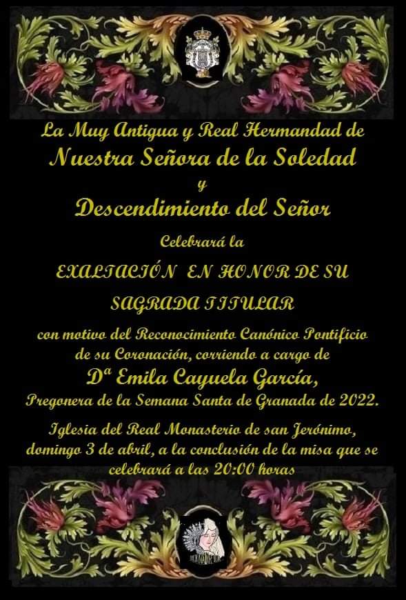<a href="/Hdad_ChiasGR/">Soledad y Descendimiento</a> celebra hoy #ViaCrucis y concierto de <a href="/BMMGRA/">Banda Municipal GR</a> con el estreno de 'Salve Soledad' de <a href="/ALopezCarreno/">Ángel López Carreño</a> 🎶

👉🏼 Este domingo Exaltación de <a href="/EmiliaCayuela/">Emilia Cayuela</a>