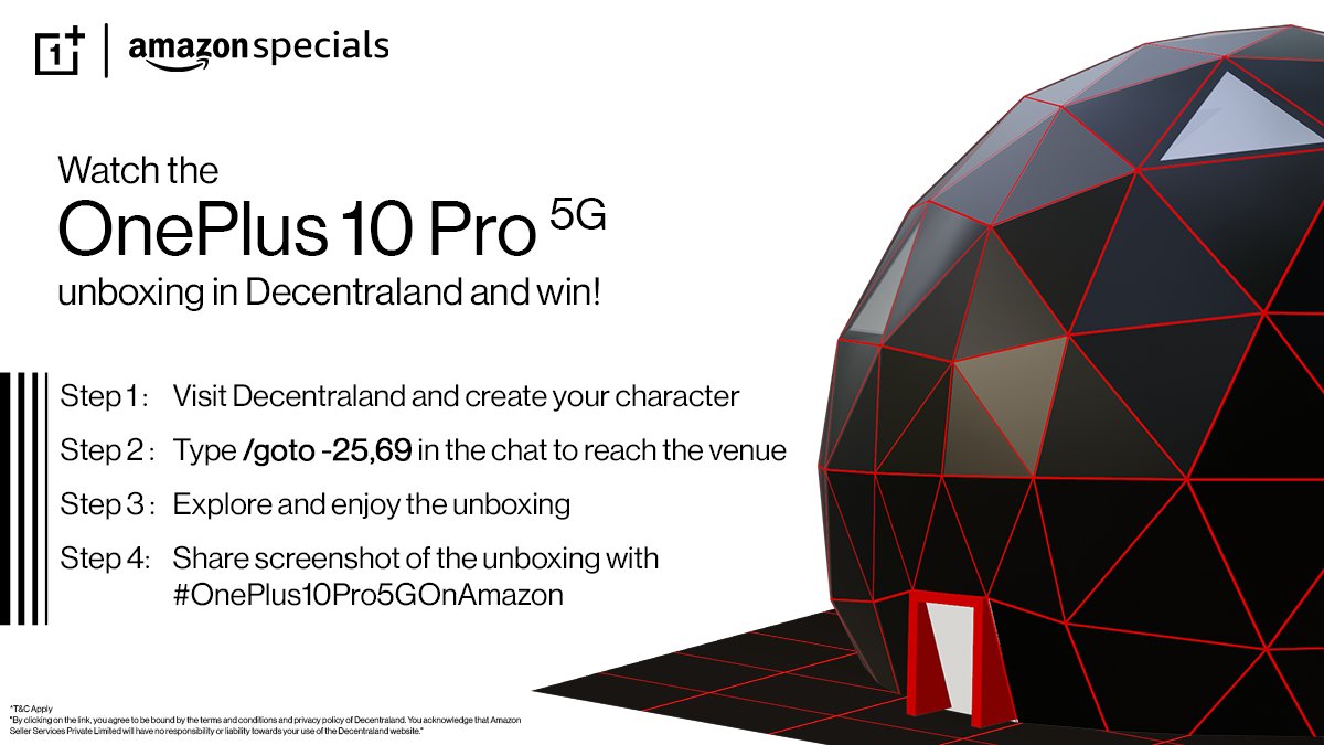 amazonIN's tweet photo. #ContestAlert: Here's your chance to win the all new OnePlus 10 Pro 5G. All you have to do is watch the unboxing of the phone in @decentraland and share a screenshot with us. So, what are you waiting for? Follow the steps and send in your entries with #OnePlus10Pro5GonAmazon https://t.co/gKRe2Tmkbk