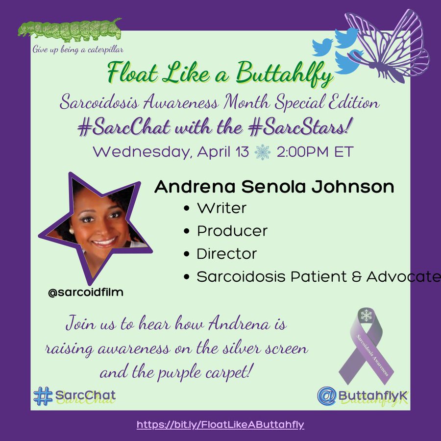 sarcoidfilm's tweet photo. Join me on the special #SarcChat w/ the #SarcStars: Wed, 4/13 at 2 PM ET.
Meet others who are shining a spotlight on #sarcoidosis & #SarcWarriors.
~π¦
#SarcStrong #raredisease #raredisease #SarcFilm #SarcLife #SickNotWeak https://t.co/BEdMBdYXKo