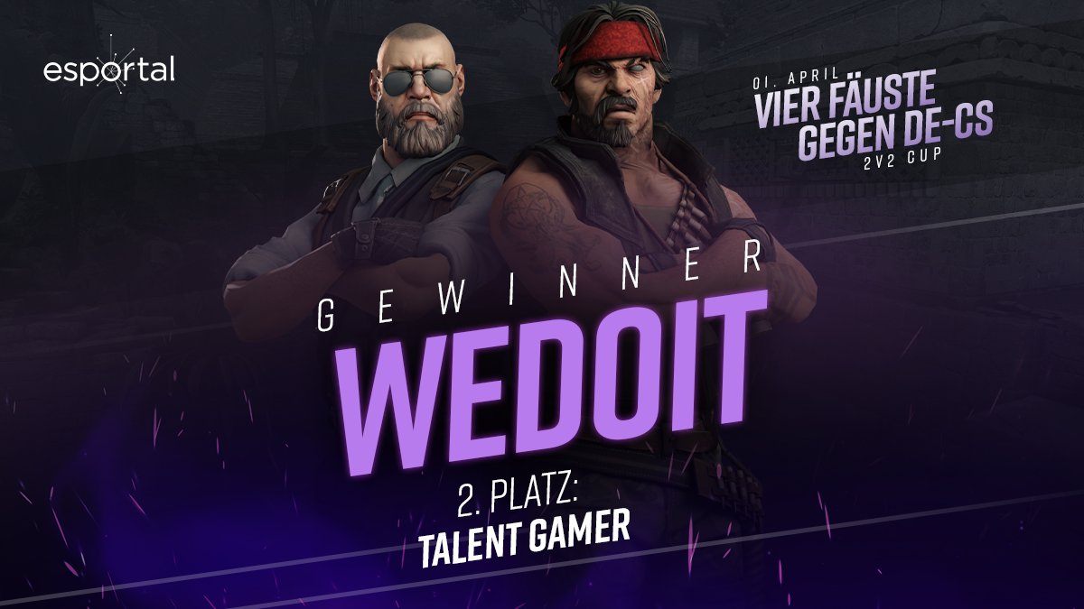 EsportalGER's tweet photo. They did it!🥳
Beim gestrigen #4Fäuste Cup teilten @BRIllIAN77 & #illusN Kinnhaken rechts und links aus und spielen sich als Team WEDOIT zum Turniersieg. Gratulation!
Nächste Chance auf ein Backpfeiffenfest:
📅 Fr, 8. April
🤜https://t.co/fIgRtHJK3x🤛
#FÜRDACHCS https://t.co/UPfEkZMRjT