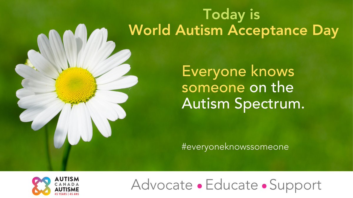 Today is WORLD AUTISM ACCEPTANCE DAY.

Join us as we celebrate the autism community and promote acceptance for everyone on the Spectrum.

Follow along all day for tips to help to make the world a better place for everyone.

autismcanada.org
#autism #autismacceptance