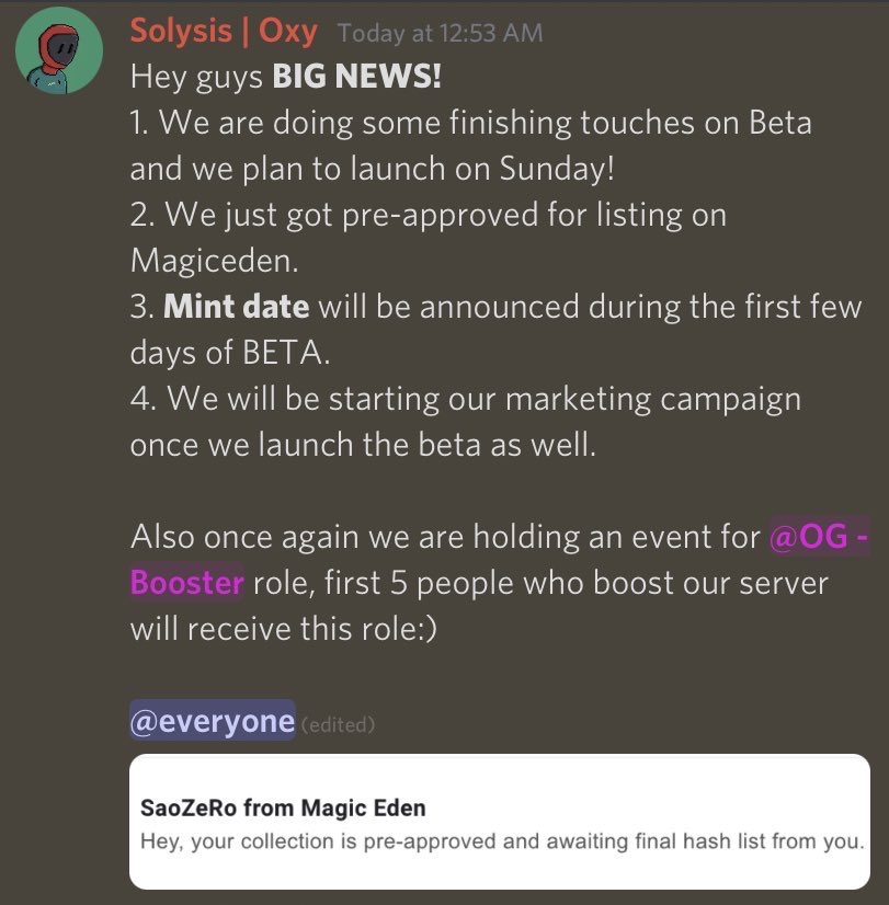 Hey everyone!🤟🏻

We have some BIG NEWS🚨
<a href="/MagicEden/">Magic Eden 🪄</a> #SolanaNFTs #Solana 

Don't miss the chance and join our Discord: 

👉🏻discord.com/invite/fbU6YWJ…