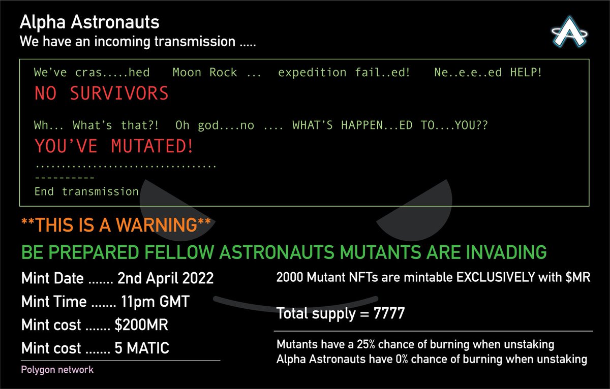AlphaAstronauts's tweet photo. MINT DAY 🧑🏽‍🚀

Get your $moonrock or MATIC ready because this mints gonna be insane…

200 $moonrock OR 5 MATIC per mint 🔥

Special thank you to @spenfx, you’re a credit to this community ❤️

#NFTdrop #NFTCollection #NFTCommmunity https://t.co/Ob36fgReoV