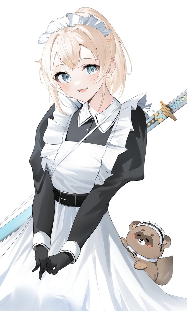 kazama iroha 1girl weapon sword blonde hair maid headdress weapon on back gloves  illustration images
