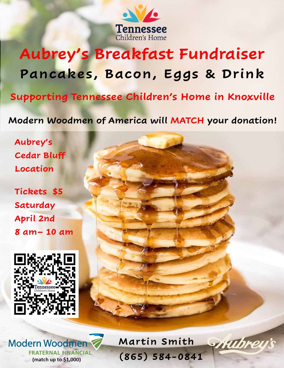 ChavisGolf's tweet image. Come on over to Aubrey’s on Cedar Bluff for a great breakfast and support my favorite cause, Tennessee Children’s Home!  Tickets available at the door from 8-10am and only $5!