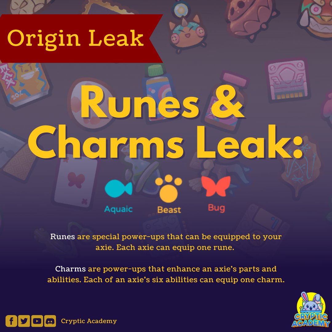 CrypticAcademy's tweet photo. 🚨 Runes & Charms Leek Alert: Aqua, Beast and Bug!
✅check neutral runes and charm leak here: https://t.co/2TBNox2Lne
✅check full origin guide here: https://t.co/6vGGjb5Rih
#AxieInfinity
#CrypticAcademy https://t.co/XisJADBMQC