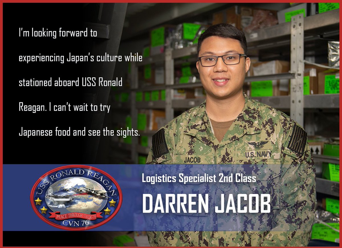 Gipper_76's tweet photo. This #NewSailorSaturday, we welcome LS2 Darren Jacob! LS2 is excited for the cultural experiences he’ll have being forward-deployed to Japan. #WeAreReagan #FDNFJapan https://t.co/7SSboETujG