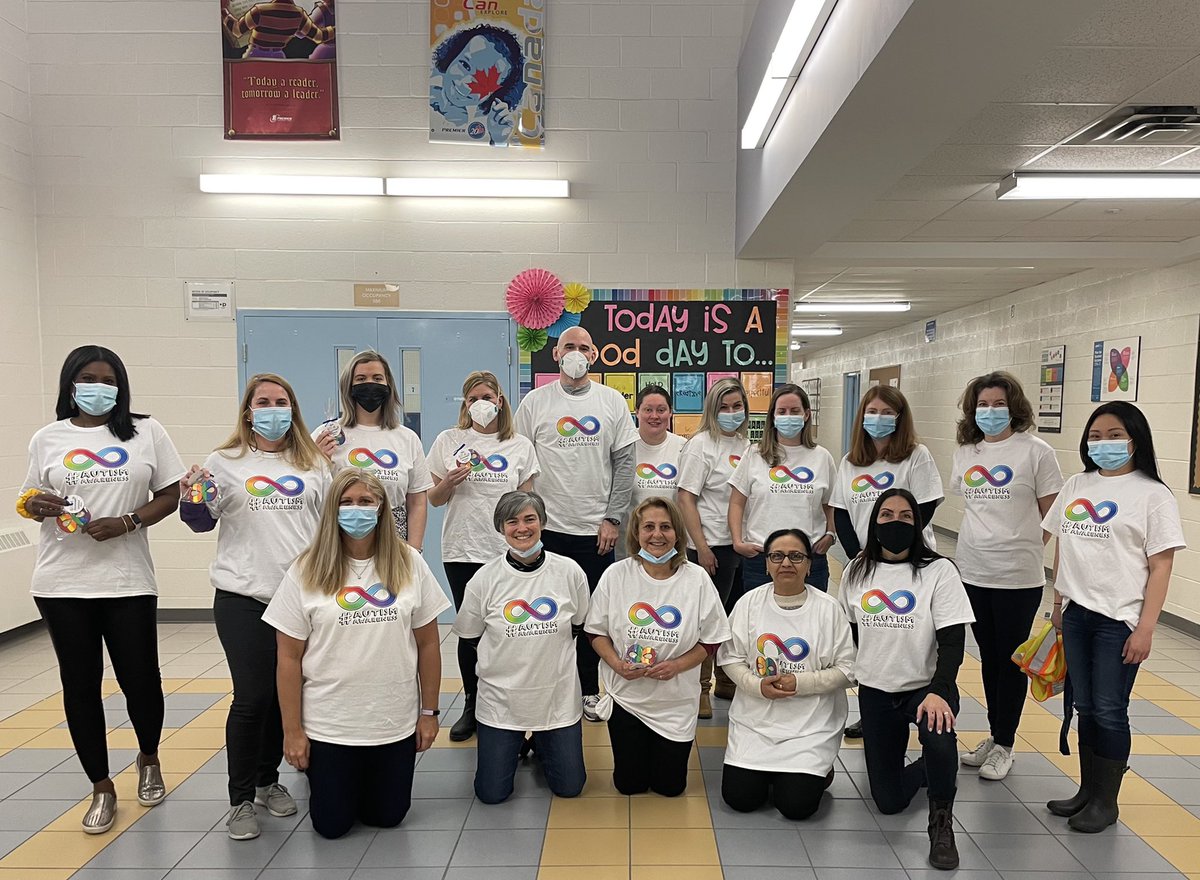 smpslibrary's tweet photo. Acknowledging  #neurodiversity during Autism Awareness Day with our @sherwoodmillsps team. Proceeds from all sales went to @ErinoakKids. Thank you to all who purchased rainbow infinity t-shirts, and cookies! #autism 🌈 ♾ https://t.co/3NiVvhbygD