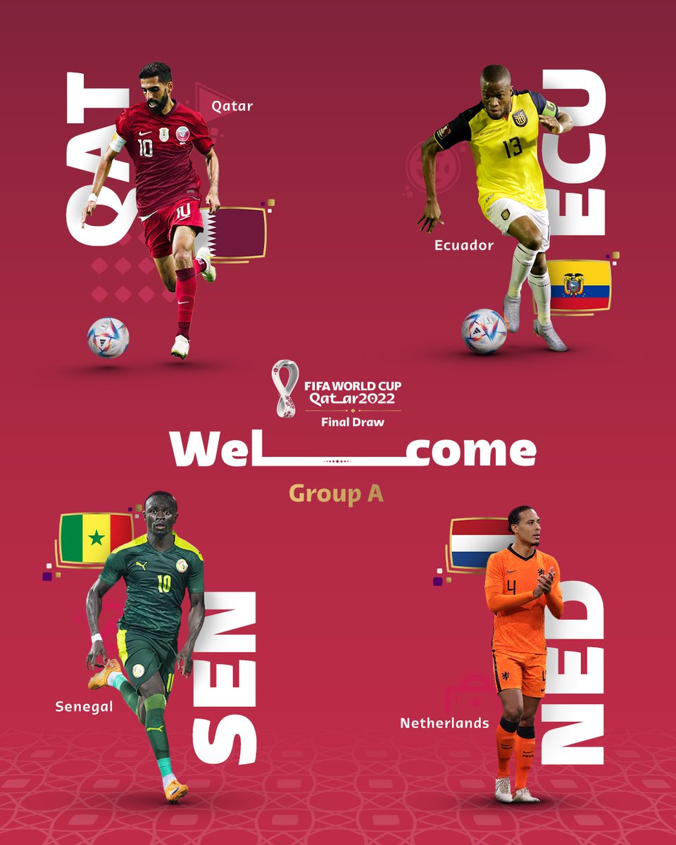 𝙄𝙣𝙩𝙧𝙤𝙙𝙪𝙘𝙞𝙣𝙜 𝙂𝙧𝙤𝙪𝙥 𝘼...

Will the hosts reach the knockouts in their #FIFAWorldCup debut? 🤔

#FinalDraw 

🇶🇦@QFA_EN | 🇪🇨@FEFecuador 
🇸🇳@FootballSenegal | 🇳🇱@OnsOranje