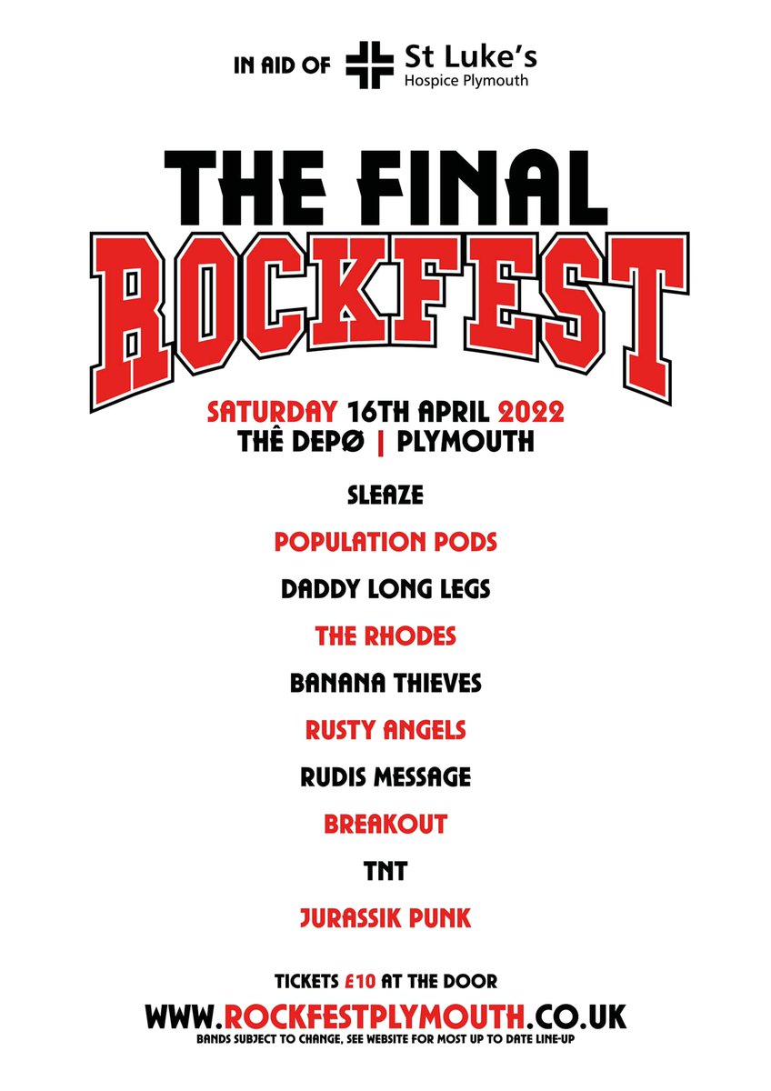 2 Weeks until the last Rockfest in aid of <a href="/StLukesPlymouth/">St Luke's Hospice Plymouth</a> please RT and show your support for the final time ever <a href="/Woodythedrum/">Woody</a> <a href="/WhatsonSW/">What's On Southwest Magazine Est: 1996</a> <a href="/PLiveWhatsOn/">PlymouthLive What's On</a> <a href="/WhatsOnPlymouth/">What's On Plymouth</a> <a href="/HeraldWeekend/">Herald Weekend</a> <a href="/CharityEventsUK/">Charity Events UK</a> <a href="/MarkOrmrod/">Mark Ormrod MBE</a> <a href="/Dawn_French/">Dawn French 💙🔴🏳️‍🌈🇺🇦🇵🇸</a> <a href="/whatsondevon/">What's On Devon</a> <a href="/cornwallwhatson/">Cornwall What's On</a> <a href="/CouncillorTudor/">Tudor Evans</a>