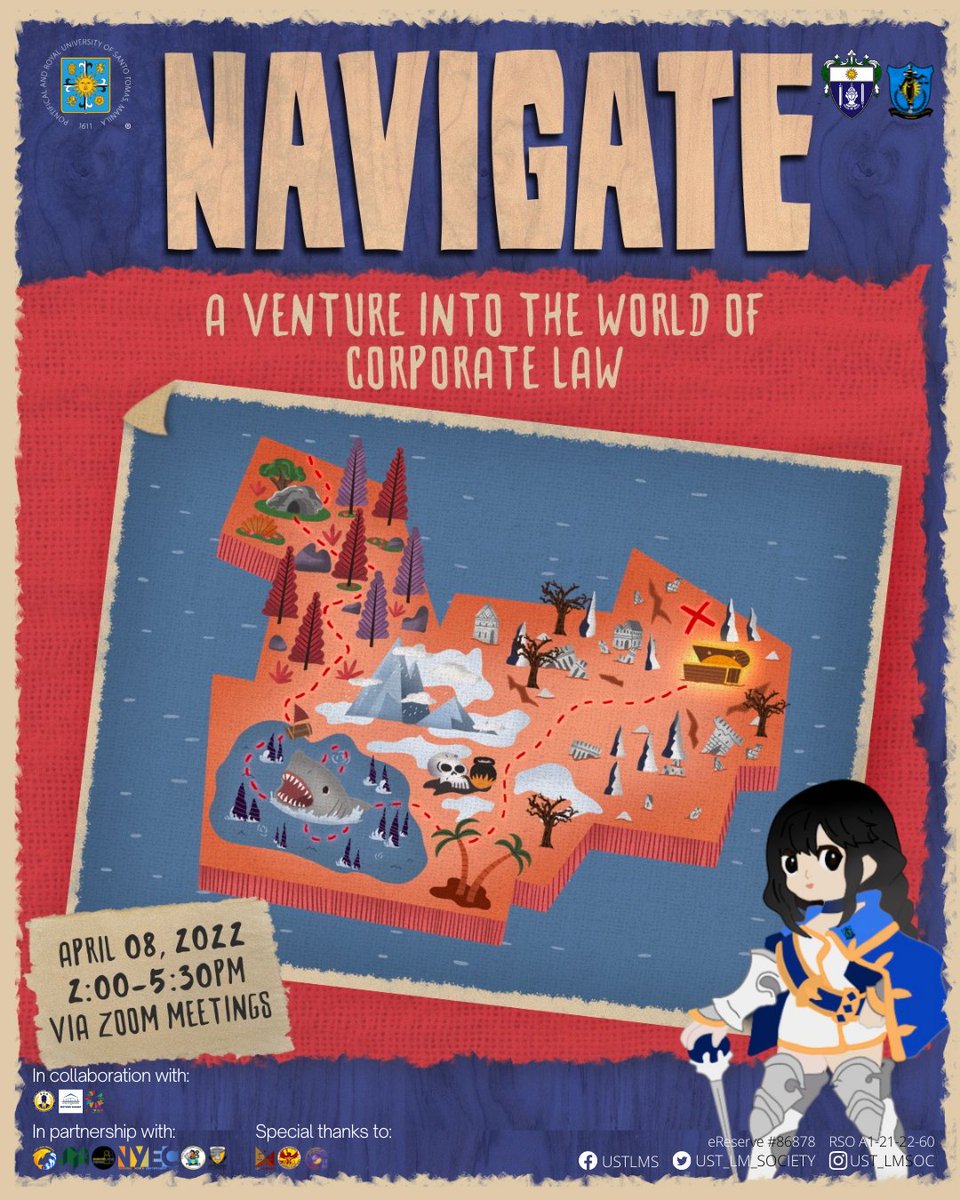 UST_LMSOC's tweet photo. YO-HO-HO! ALL HAND HOY! 🚢⚓️

Mark your calendars as we embark on a hunt for knowledge at our webinar, "NAVIGATE: A Venture Into the World of Corporate Law." Come and join us in this endeavor on April 8, 2022, Friday, from 2:00 PM to 5:30 PM!

(1/6) https://t.co/KXmjlsi0sI