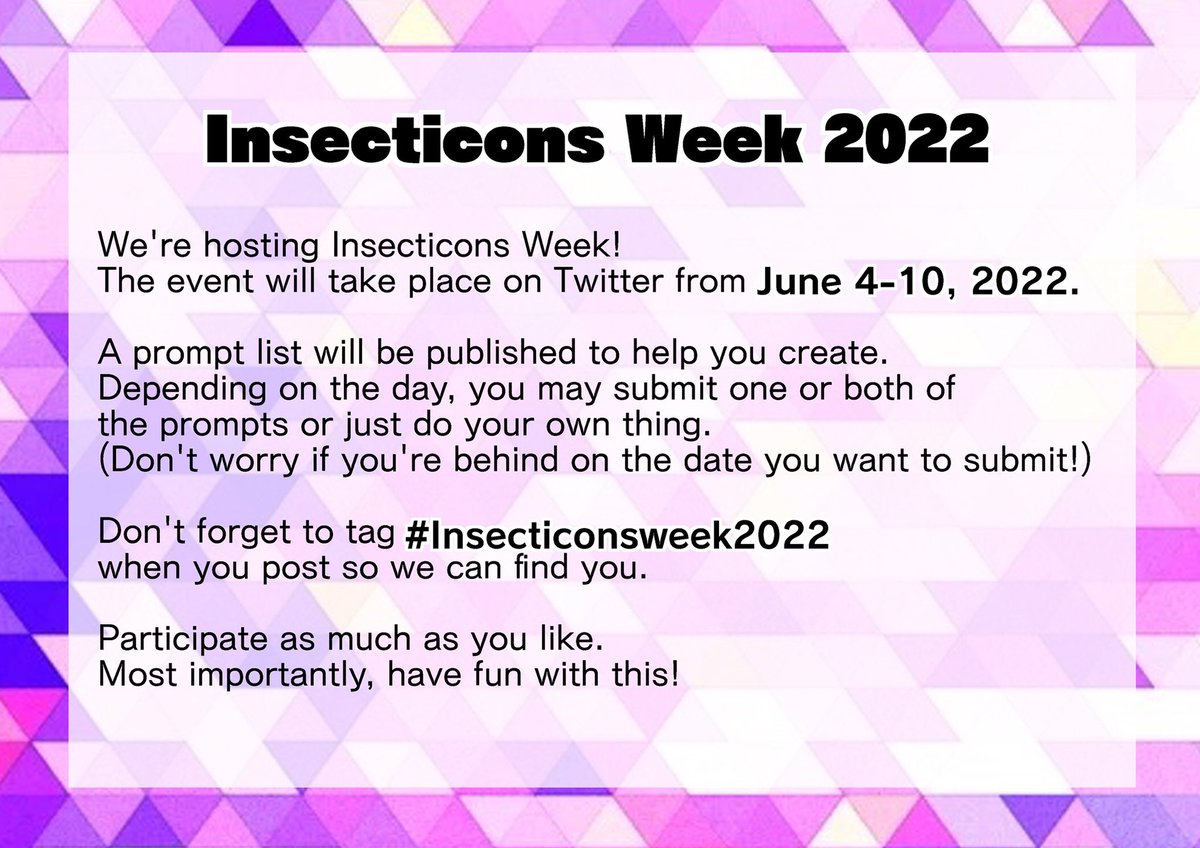 InsecticonsW's tweet photo. We're hosting Insecticons Week!
It runs from June 4-10, 2022. Please participate in this event !

Prompt list will be announced in mid-April.

#Insecticonsweek2022 https://t.co/taN8wDmAHQ