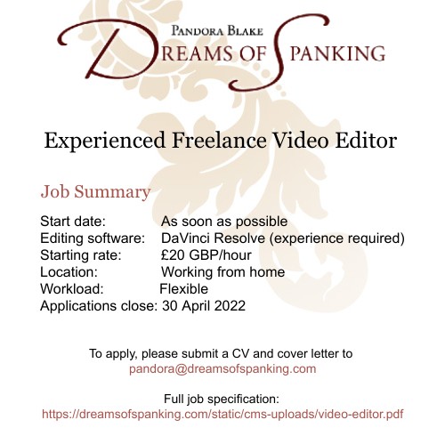 DreamofSpanking's tweet photo. ⭐We are Hiring!!⭐

We are looking for someone who loves spanking, editing artistic and compelling films, and has professional experience with DaVinci Resolve to work as a freelance video editor. Does that sound like you? Please RT!
Full job spec: https://t.co/kML0xybxcy https://t.co/S00ZjqjAF6