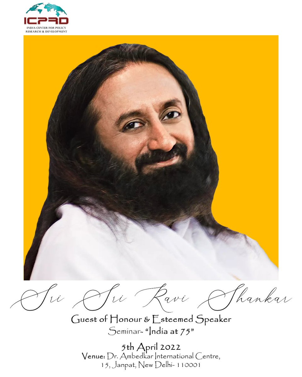 icprdindia's tweet photo. We feels immensely delighted to introduce our first speaker, Sri Sri Ravi Shankar, who will be gracing the seminar with his extraordinary reflections on 5th of April, 2022
Register Now - https://t.co/L2DdYBAraE
.
.
#ICPRD #srisriravishankar #azadikamahotsav #Indiaat75 #pmoindia https://t.co/xE6raE4o4N